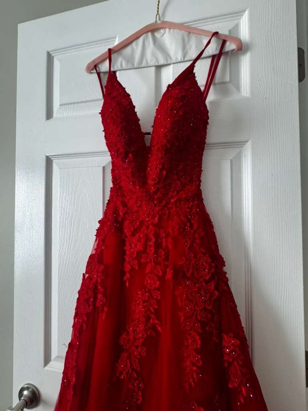 La Femme — Red Lace Appliqué Tulle A-Line Gown